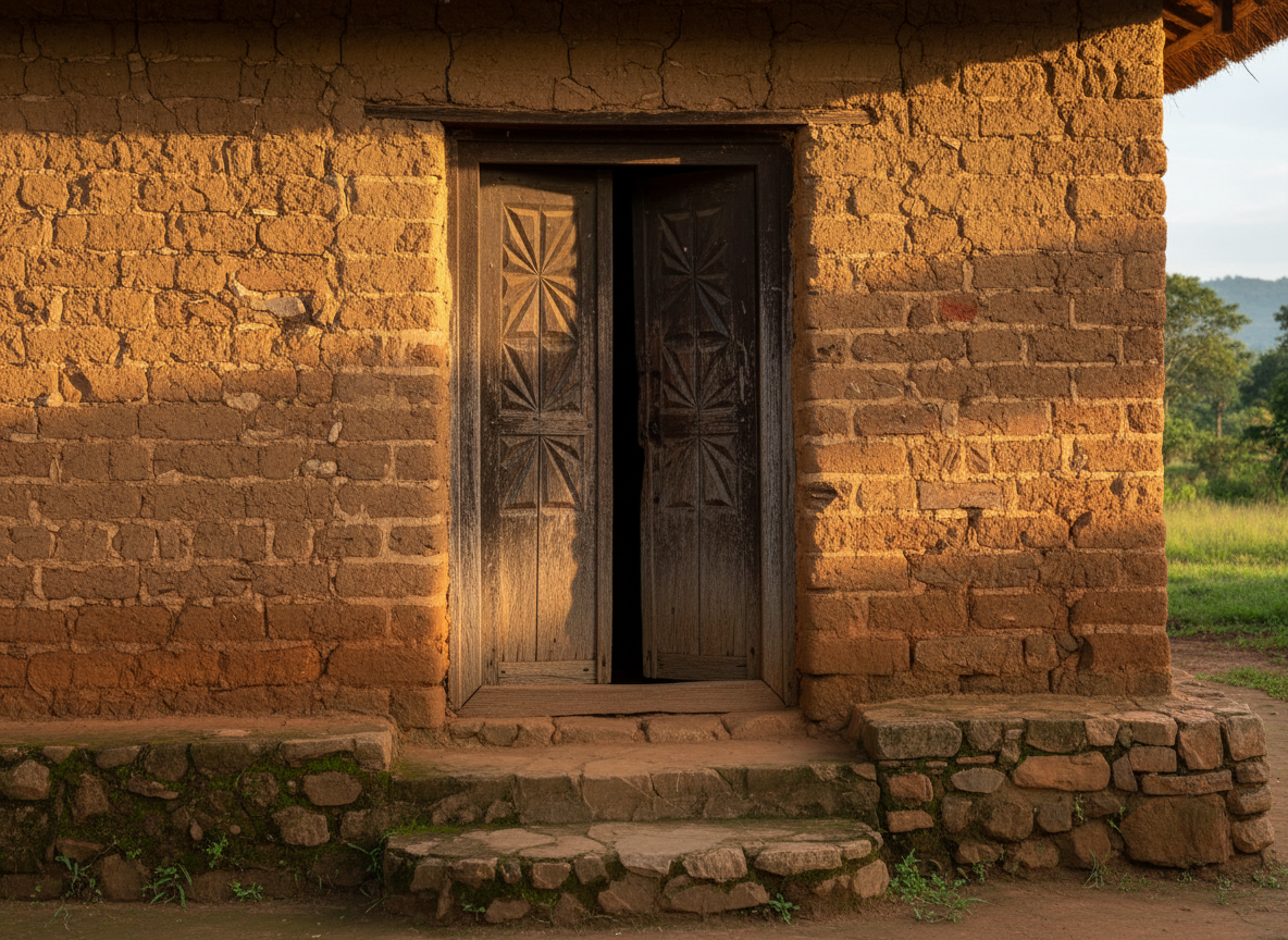 A weathered, hand-carved wooden doorway from a traditional Burundian house, its dark, polished grain revealing decades of use and tropical climate. The door stands slightly ajar within a textured, earth-toned mud-brick wall, framed by simple stone steps and patches of moss. Soft late-afternoon natural light brushes across the surface, accentuating carved geometric patterns and casting gentle shadows into the doorway’s depth. Shot at eye level with a subtle wide angle, the composition uses the rule of thirds, with the doorway off-center and the background softly blurred. The mood is quietly dignified and contemplative, evoking history and memory. Photographic realism with rich, natural colors and a sophisticated, documentary aesthetic suitable for a Burundi photography archive.