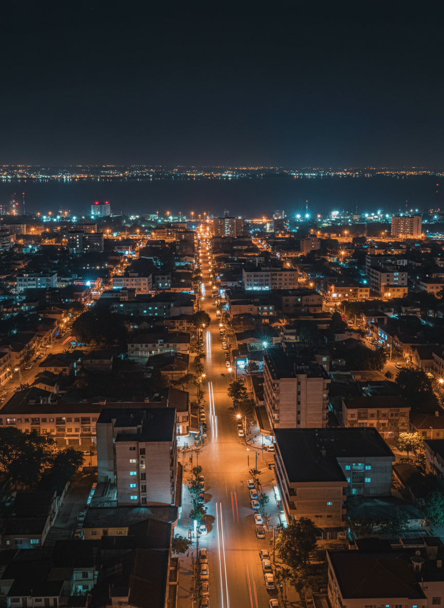 A night-time cityscape of downtown Bujumbura, captured from an elevated vantage point, showing a network of softly illuminated streets weaving between low and mid-rise buildings. Warm streetlights create pools of amber light on the asphalt, while cool blue tones from scattered windows and distant signage introduce subtle contrast. The calm waters of Lake Tanganyika glimmer faintly at the horizon, reflecting sparse, distant lights. Photographed with a long exposure in photographic realism, car lights become delicate trails that suggest movement without showing any people. The composition is wide and balanced, with sharp detail in the foreground architecture and a gradual softening toward the lake. The mood is sophisticated, quiet, and introspective, conveying an authentic African urban night without spectacle.