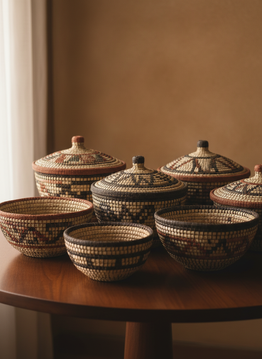 A close-up photographic study of traditional Burundian woven baskets, meticulously crafted from pale sisal and darker dyed fibers, arranged in an elegant cluster on a smooth, dark wooden table. Intricate geometric patterns spiral and interlock, each basket slightly different in size and design, creating a harmonious visual rhythm. Soft window light from the left side creates delicate highlights along the woven ridges and gentle shadows in the basket interiors, emphasizing texture. The background falls into a warm, defocused blur of earth-toned wall. Shot from a slightly elevated angle with shallow depth of field, the composition feels intimate and refined. The mood is sophisticated and reverent, celebrating craftsmanship and cultural heritage through photographic realism and a clean, minimalist aesthetic.