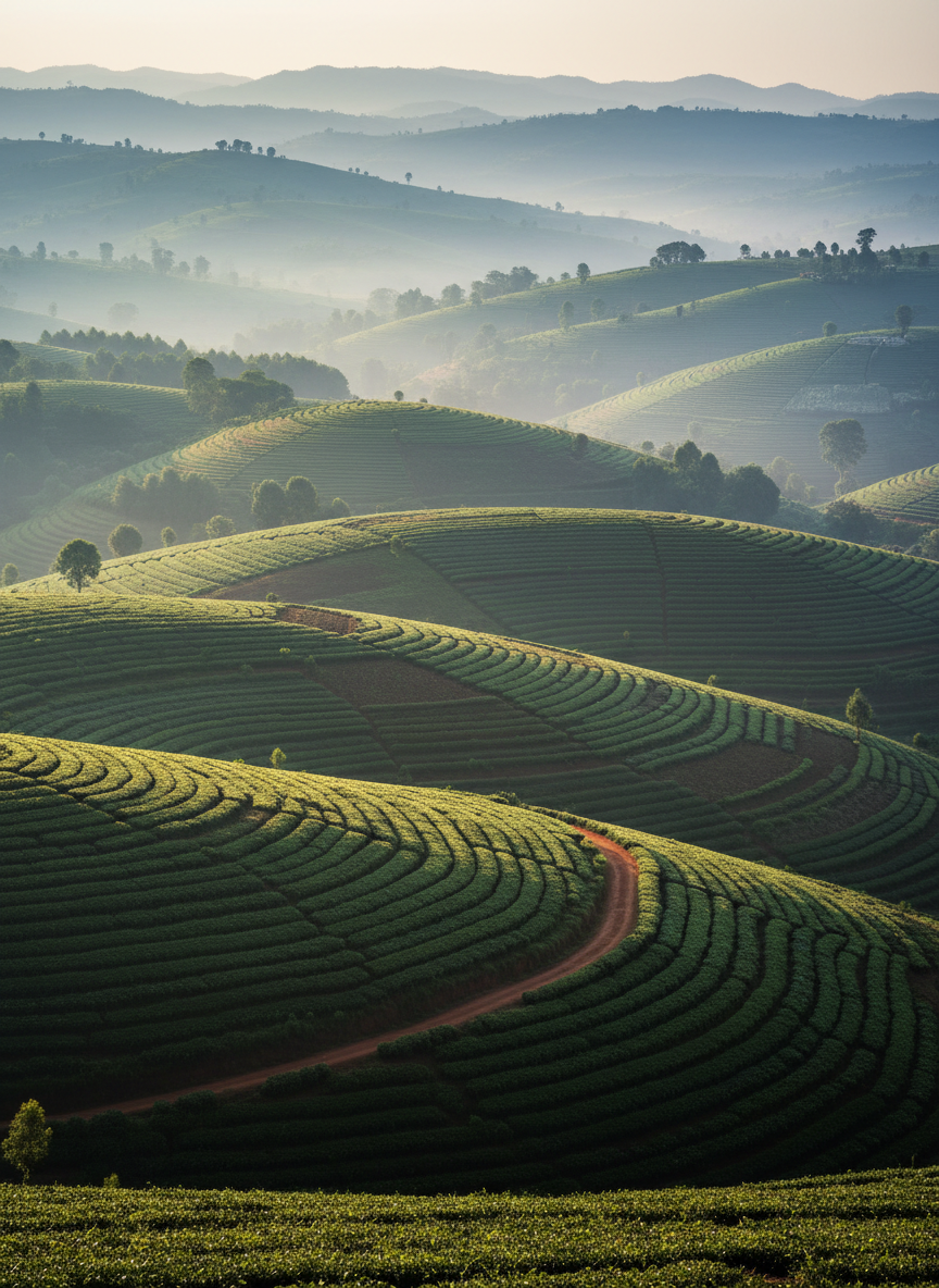 An expansive, mist-kissed Burundian hillscape at dawn, terraced fields sweeping in precise patterns across rolling green slopes. Dew-covered tea bushes and patchwork crops create intricate textures, while a winding red-dirt path cuts diagonally through the frame, leading the eye toward distant layered hills fading into bluish haze. Soft, diffused morning light gently illuminates the landscape, highlighting subtle variations of green and rusty earth tones. Captured from a high vantage point in a wide, cinematic composition with deep focus, every ridge and contour is sharply rendered. The atmosphere is serene and contemplative, suggesting quiet resilience and timeless rural rhythms. Photographic realism with balanced, natural colors and a sophisticated, fine-art documentary feel that reflects Burundi’s landscape stories without any human presence.