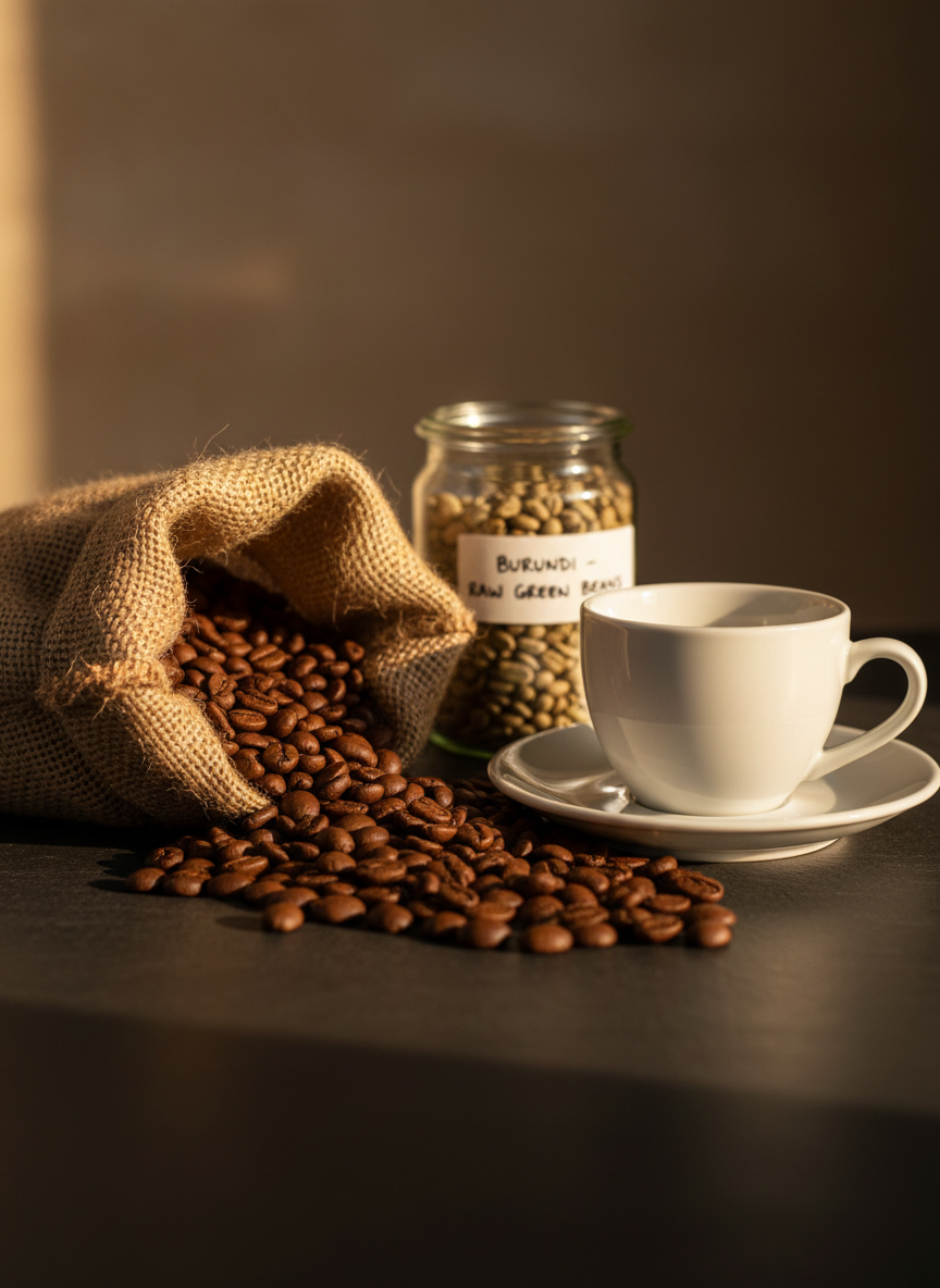 A minimalist still life of Burundi’s coffee culture: a burlap sack spilling glossy, medium-roasted coffee beans onto a dark, matte stone surface, beside a simple, pristine white ceramic cup and saucer. A small, labeled glass jar of raw green beans rests in the background, slightly out of focus, suggesting origin and process. Golden hour light from a nearby window grazes the scene at an angle, creating long, soft shadows and warm reflections on the cup’s subtle gloss and the beans’ smooth surfaces. The composition uses asymmetrical balance, with the sack anchoring the left third and the cup on the right, captured in photographic realism with a shallow depth of field. The atmosphere is sophisticated, calm, and contemplative, evoking Burundi’s role in African coffee stories without any human presence.